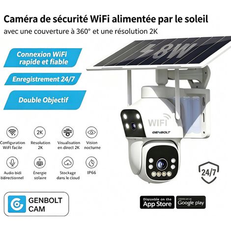 GENBOLT Solaire WiFi Caméra de Surveillance Extérieur AOV Enregistrement 24/7 à Batterie Rechargeable 8W 15600mAh Double Objectif