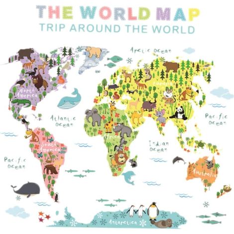 Carte du monde animal Sticker mural décoratif amovible pour (1/5)