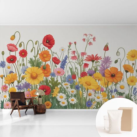 Papier peint décoratif avec colle pour salon, chambre à coucher et bureau – Design moderne et facile à poser Prairie fleurie 416x254 cm (1/5)