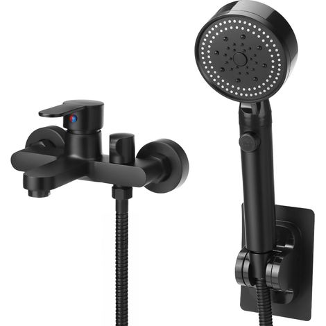 Mitigeur Baignoire Noir Mat avec Douchette 3 Modes – Robinet de Douche Mural en Laiton avec Flexible 1,5m (1/5)
