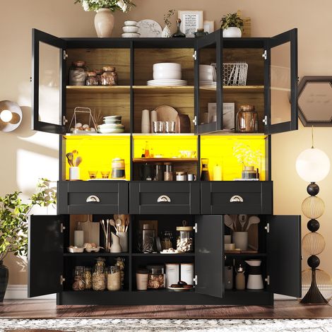 Meuble de rangement cuisine 140x40x175cm, placard haut, crédence, buffet lumineux LED avec étagères modulables, vaisselier design éclairage multicolore, finition blanche et noire (1/5)