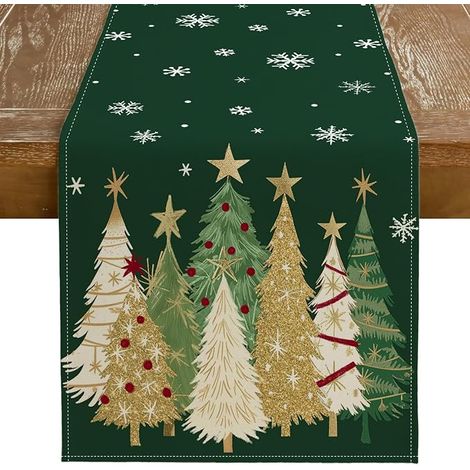 Chemin de table de Noël 13 x 72 pouces, décorations de table style ferme pour fêtes d’hiver avec arbres et flocons de neige, adaptées à la cuisine et aux soirées de dîner intérieures et extérieures (v (1/4)