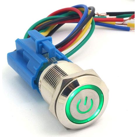19mm 12V Bouton-poussoir Momentané Commutateur Symbole de puissance Symbole Angel Eye LED Lumière Bouton-poussoir en métal avec fiche Fil - Vert (1/5)