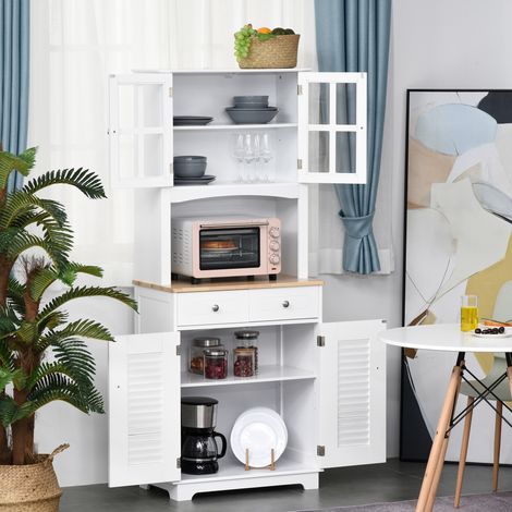 Buffet cuisine haut buffet en bois placard garde-manger style classique - Dimensions: 68x39,5x170cm - Couleur: Blanc