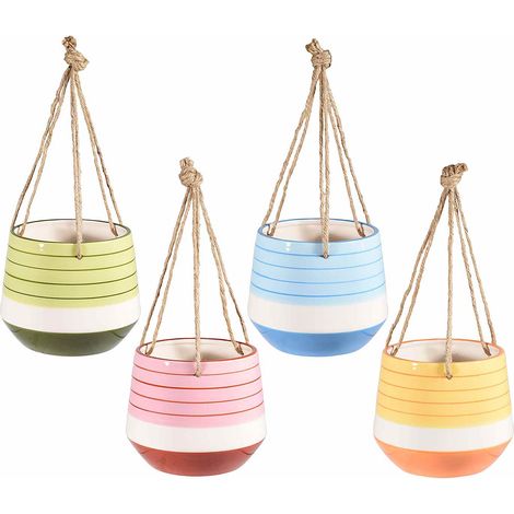 Vasi colorati in ceramica con corda da appendere, set da 4 pezzi, Ø 15 cm x 12,5 H