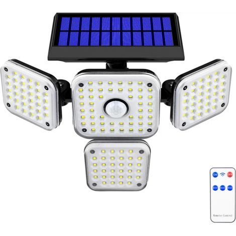 Solar-Sicherheitsleuchte mit Fernbedienung, 4 Köpfe, Bewegungssensor, 3 Modi, Sicherheitsflutlicht mit 144 LEDs
