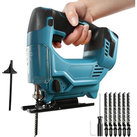 Scie sauteuse sans fil pour Makita 18 V, scie sauteuse excentrique électrique sans brosse, réglage de la course pendulaire à 4 niveaux, angle de coupe à onglet ±45°, 6 lames de scie à tige en T (sans (1/5)