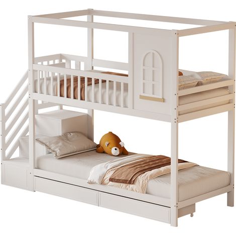 Lit superposé enfant en bois blanc 90x200 cm, style maison avec rangements (tiroirs + échelle à tiroirs), sommier inclus (1/5)