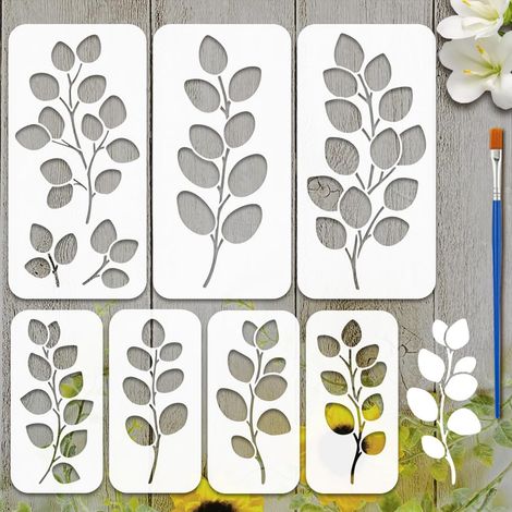 7Pcs Pochoir de Peinture de Feuilles D'Eucalyptus Avec Pinceau Pochoirs Réutilisables pour Peinture sur Bois Feuilles de Plantes Naturelles Branches D'Eucalyptus 20x10cm /30x15cm Tissu (1/5)