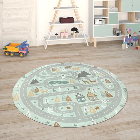 Paco Home Kinderteppich Teppich Kinderzimmer Spielmatte Straßenteppich Spielteppich Türkis, 120 cm Rund