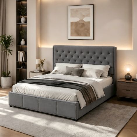 Lit Coffre 160x200 cm avec barre de maintien pour matelas, lit double fonction hydraulique, lit rembourré, Matelas Non Inclus, Velours, Gris, MDF, pour Adolescents et Adultes (1/5)
