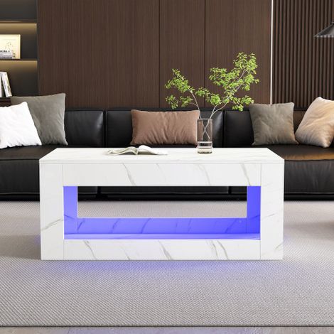 Table basse LED moderne, Table basse de salon, Table d'appoint pour canapé, Table basse haute brillance avec télécommande, Grande table basse effet marbre (Blanc)