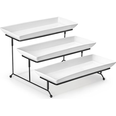 Plateau de Service avec 3 Plats, Plateau Repas Céramique, Presentoir Aperitif Buffet 36x15.3cm, Presentoir a Gateau pour Fruits, Biscuits, Desserts, Blanc (1/5)