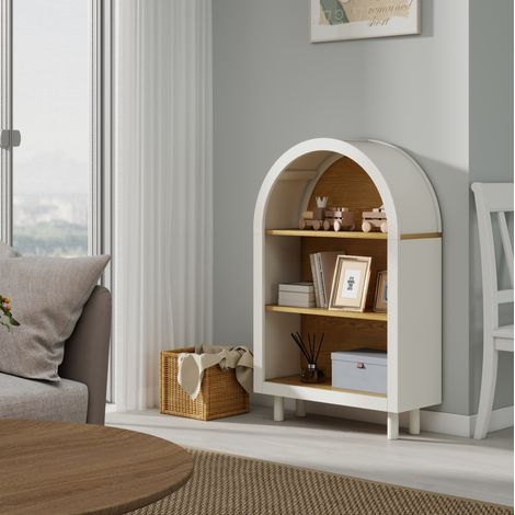 MODFU – Libreria a 3 livelli 60x24x95 cm in legno ingegnerizzato con sommità arrotondata, finitura bicolore, carico 10 kg per ripiano e piedini in legno massello – Bianco e legno naturale (1/5)