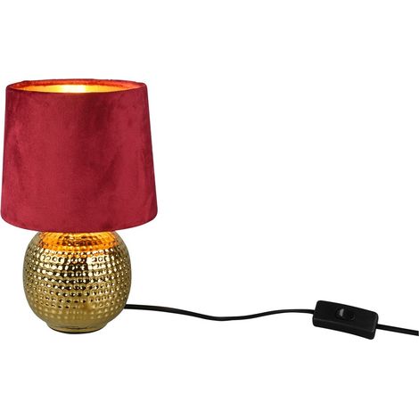 Lampe de table art déco EUDORA dorée et rouge en céramique, abat-jour velours, E14 40W