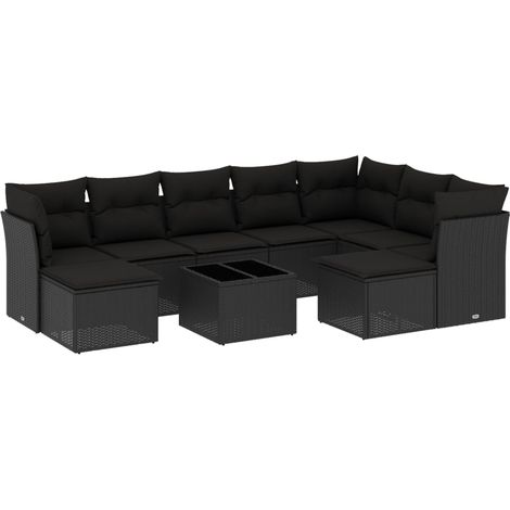 Set Divani da Giardino 10pz con Cuscini in Polyrattan Nero vidaXL (1/3)