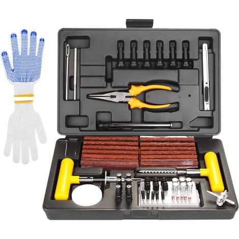 Kit de réparation de pneus sous vide avec manomètre, gants de réparation, kit de réparation pour voiture, moto, vélo, tracteur, camion (100 pièces) (1/5)