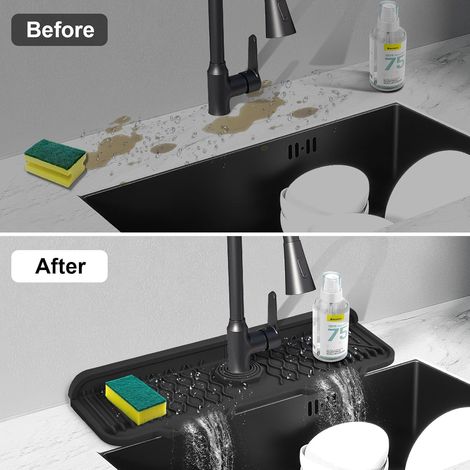 2-teiliger Spritzschutz für Küchenspülen, Silikon-Küchenarmatur-Pad, 5°-Neigungsdesign für einfacheres Ablassen, 90°-faltbares Design passend für verschiedene Spülbecken-Arbeitsplatten, Schwarz