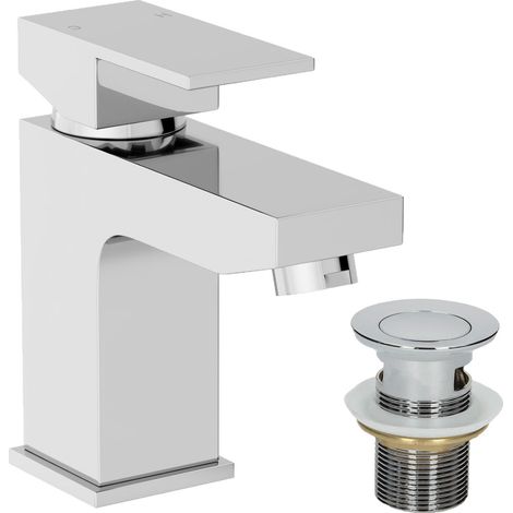 Modern Bathroom Square Mono Basin Mixer Tap Waste Chrome