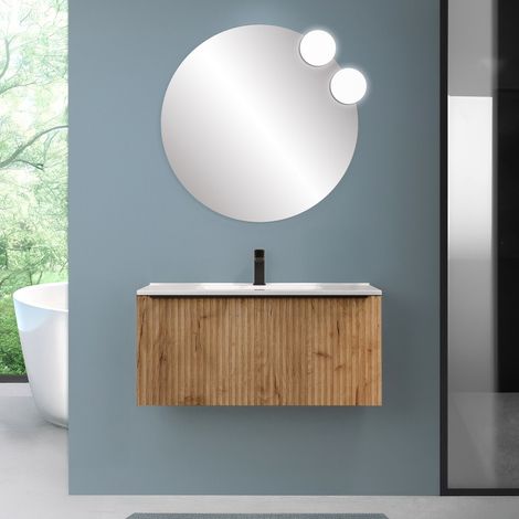 Mobile bagno sospeso 100 cm rovere africa cannettato con cassetto e lavabo Nara (1/5)