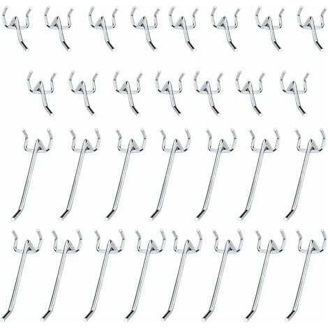 SABIR Crochets pour panneaux perforés en métal, accessoires pour panneaux perforés, ensemble de crochets simples de 10cm et 5cm pour Garages, remises à outils, ateliers, 30 pièces (1/4)
