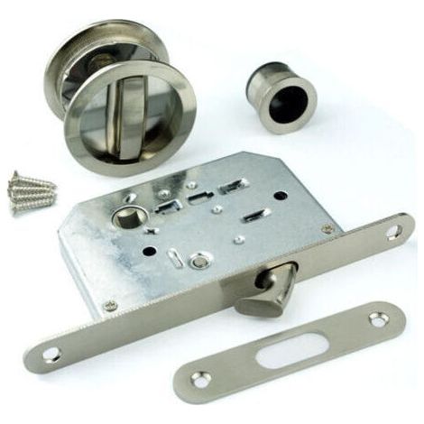 Kit De Serrure Avec Rosace Ronde, Serrure De Condamnation Pour Porte Coulissante, Ø58 Mm, Acier, Nickel Satiné (1/4)