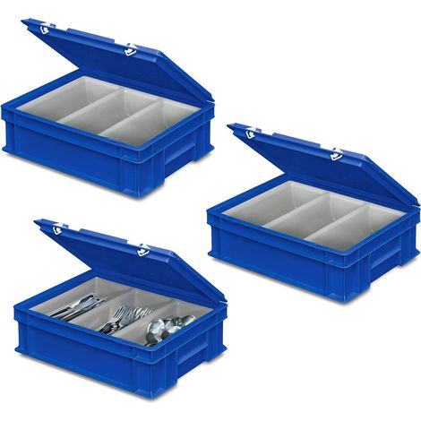 BRB 3 bacs à couverts avec 3 compartiments - 400 x 300 x 130 mm - Bleu