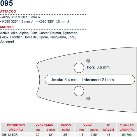 Barra motosega 30 cm - 12" passo 3/8" Spessore 1.3 mm - .050" attacco 095 - 451799
