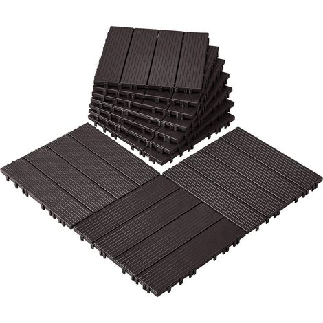 Dalles de terrasse emboîtables 10 pièces 30x30 cm revêtement extérieur plastique imperméable marron foncé idéal pour balcon jardin (1/5)