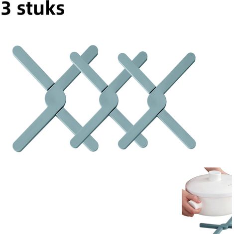 Lot de 3 dessous de verre isolants pliables en silicone, motif croix, supports multifonctionnels pour table de cuisine, gris-bleu (1/5)
