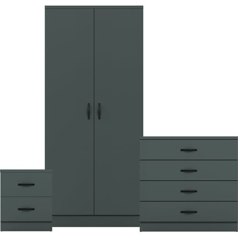 Riano 3 Piece Bedroom Set (2 Drawer Bedside Chest, 4 Drawer Chest, 2 Door Wardrobe), Green (1/3)