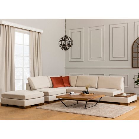 Ecksofa Links Tulpe Beige - Mit Hocker