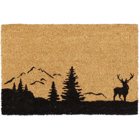 Relaxdays Paillasson en coco, cerf et arbres tapis antidérapant, essuie-pieds intérieurs & extérieurs, 40x60 cm, nature