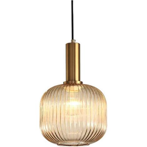 Lampada a sospensione per interni, lampada a sospensione industriale, lampada a sospensione moderna con attacco E27, lampada a sospensione da soffitto in vetro striato (ambra, M 20 cm)
