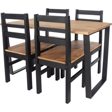 Texas Rectangular Dining Table with Metal Legs and 4 Linea Ladder Back Chairs - Black/Antique Waxed Pine - Flat Packed