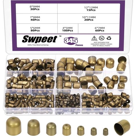 345-Piece Bronze Metal Cord End Cap Set, 7 Sizes (4/5/6/7/8/10/12 mm), Assorted Caps for Leather Ends, Column Terminations (1/5)