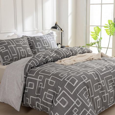 Bettwäsche-Set 240x220 cm Mikrofaser mit Reißverschluss, Grau Karomuster