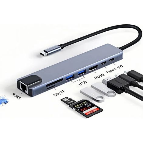 einnenffer 8 en 1 lecteur de carte, USBC compatible 8IN1 à HDMI Hub Dongle pour ordinateurs portables et autres types-C, Hub USB C (1/5)