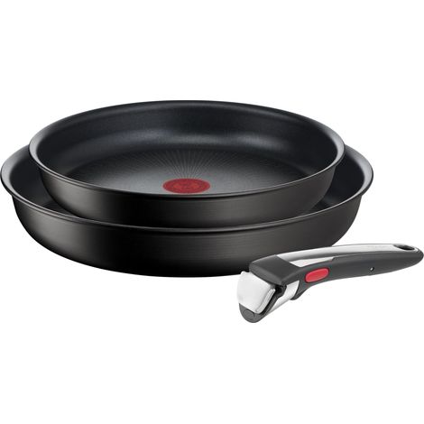 Tefal Ingenio Unlimited ON L3959143 - Set di 3 padelle antiaderenti a induzione, padelle da 24 e 28 cm, 1 manico rimovibile, facile da pulire, indicatore di calore, colore: nero (1/5)
