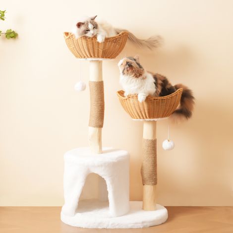 Arbre à Chat en Bois Massif 108 cm avec Niche et 2 Corbeilles, Griffoir en Sisal pour Grands Chats, Arbre à Chat Naturel et Stable, 25 kg Max (1/5)