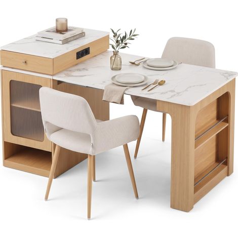 FurnitureR MDF Essgruppe mit Ausziehtisch und 2 Stoffstühlen 3-teiliges Set mit naturfarbenem MDF-Ausziehtisch, Stauraum, Steckdose und 2 beigen Stühlen (1/5)
