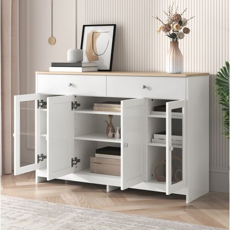 Buffet 120x37x80 cm blanc et bois en MDF avec 2 tiroirs, 4 portes et étagères réglables (1/5)
