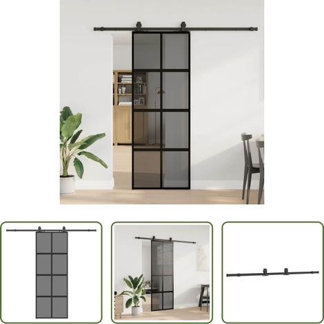 Verre trempé - Porte coulissante kit quincaillerie noir 76x205 cm verre trempé (1/5)