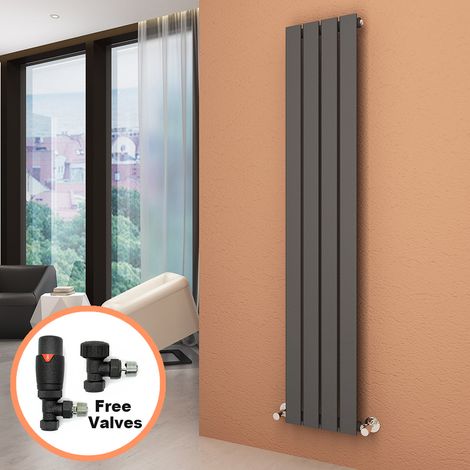 ELEGANT 1600 x 300 mm Anthracite Vertical Column Radiator Single Flat Panel Designer Bathroom Radiator + Anthracite Thermostatic Radiator Valves (1/5)