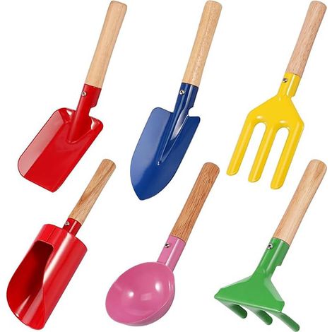 Lot de 6 outils de jardinage pour enfants avec cylindre, cuillère, râteau, pelle et fourchette (1/5)