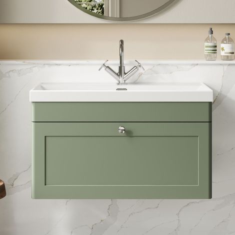 Nuie Classique Wall Hung 1-Drawer Vanity Unit with 1TH Thin-Edge Basin 800mm Wide - Satin Green