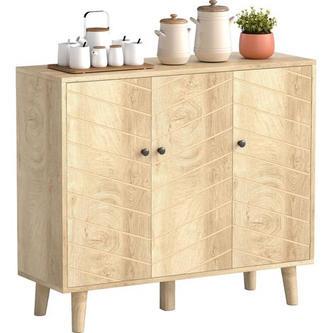 Buffet Cuisine, Meuble de Rangement avec 3 Portes à Motif Chevron et Pieds en Bois de Pin, 88,3x30x76cm, Bois Naturel (1/5)