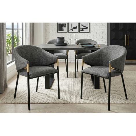 Lot de 6 chaises de salle à manger confortables et respirantes — Idéales pour : salles à manger, salons, cafés, etc. revêtement en chenille, accoudoirs en acier inoxydable doré, gris... (1/4)