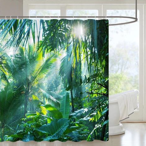 Cortina de ducha con diseño de bosque，180x180 cm，con un paisaje de selva tropical y palmeras verdes，fabricada en poliéster impermeable y lavable (1/5)