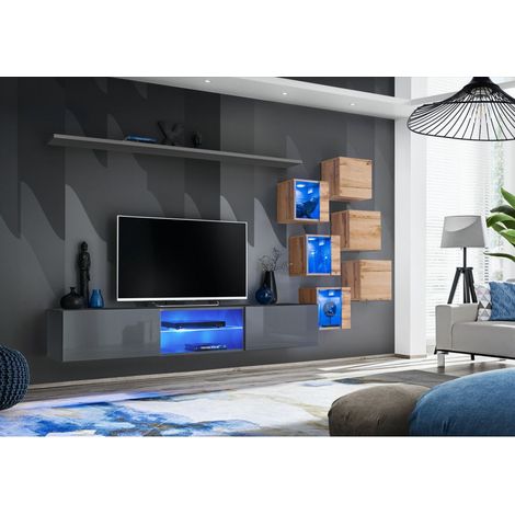 Ensemble meuble TV mural Switch XXI - L 240 x P 40 x H 120 cm - Gris et marron - Livraison gratuite